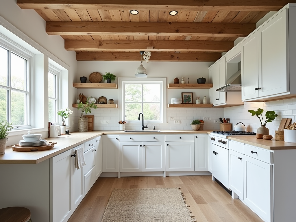 Cozy Chic: Rustic Wood Beams in a Modern White Kitchen