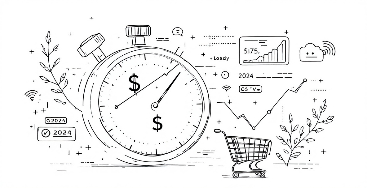 Minimalist sketch of a stopwatch with a dollar sign, surrounded by digital elements and a downward trending graph.