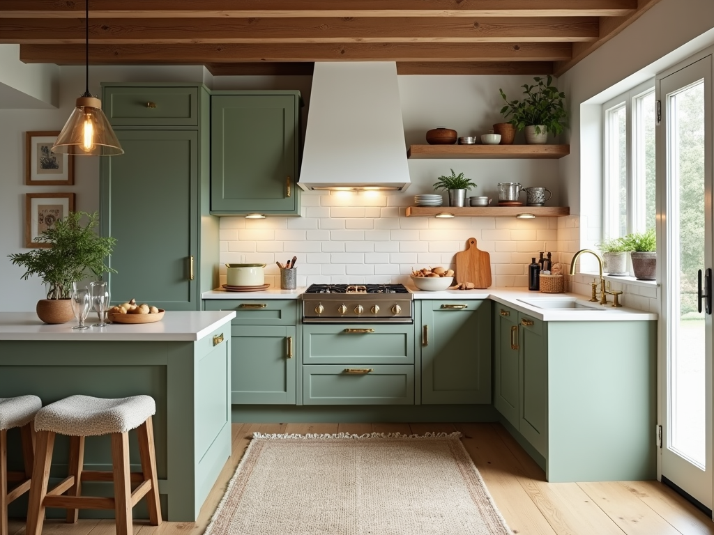 Cozy Up with Sage Green Cabinets and Brass Hardware