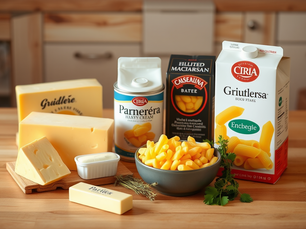 Create a realistic image of a wooden kitchen counter with various high-quality ingredients for mac and cheese, including a block of sharp cheddar cheese, a wedge of Gruyère, a container of grated Parmesan, a carton of heavy cream, a stick of butter, a box of elbow macaroni, and fresh herbs like thyme and parsley, all arranged neatly with warm, soft lighting highlighting the textures and colors of the ingredients.