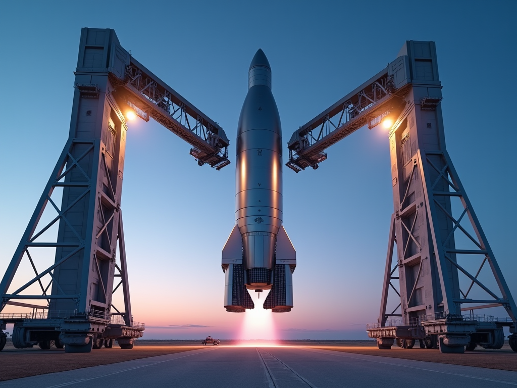 Imagine a dynamic and futuristic scene at SpaceX's Boca Chica, Texas facility during a clear, twilight hour. The sky is a gradient of deep blue to soft violet, reflecting the transition from day to night. In the foreground, the colossal Super Heavy booster, detailed with reflective silver surfaces and intricate black grid fins, is captured in mid-air by two enormous, robotic arms named Mechazilla. These arms, depicted with a sleek, metallic texture and hydraulic details, gracefully extend from a towering launch structure, which is illuminated by spotlights casting sharp, dramatic shadows. The background shows a sprawling desert landscape, subtly lit by the fading sunlight, enhancing the sense of isolation and frontier-like environment. The artistic style is hyper-realistic with a touch of cinematic flair, focusing on sharp contrasts, high-definition textures, and a vibrant color palette of silvers, blacks, and twilight blues. This cover image should evoke a sense of awe and technological prowess, symbolizing a new era in space travel, characterized by innovation, efficiency, and the promise of frequent, sustainable space missions.