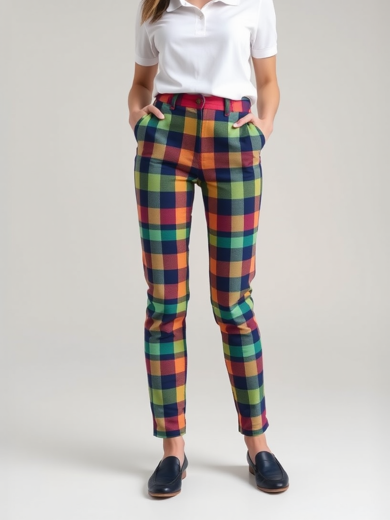 Woman in preppy Madras plaid pants outfit