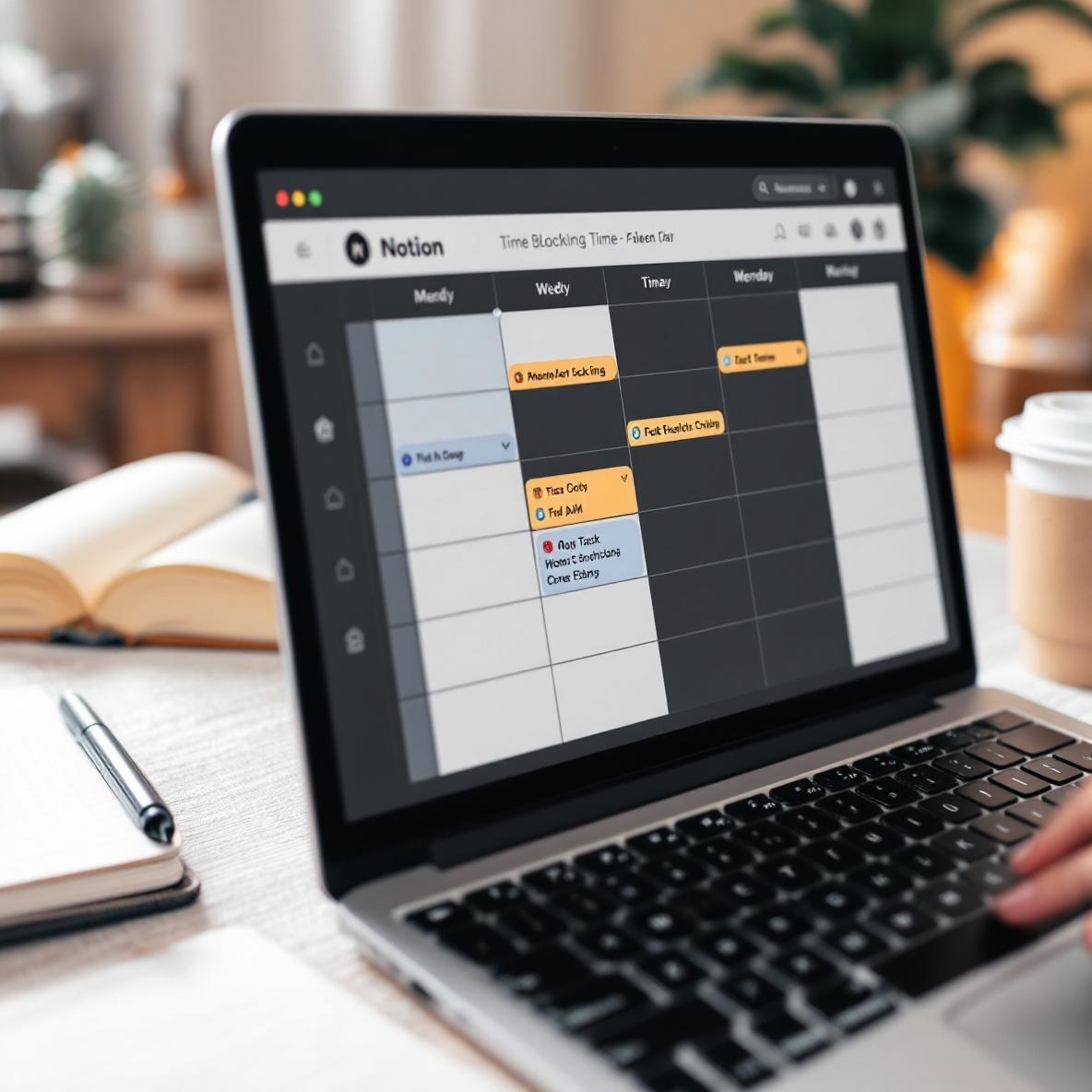 A detailed view of a laptop displaying the Notion time blocking calendar, featuring scheduled tasks and time slots, accompanied by a notebook and a coffee cup in an inviting work environment.