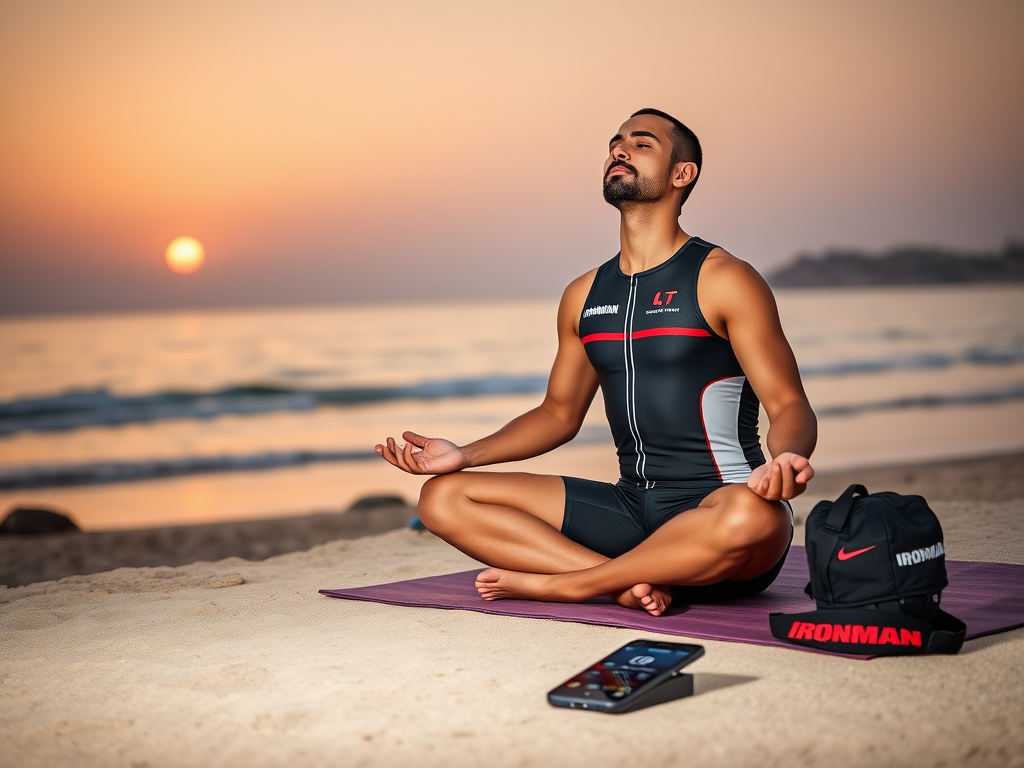 Create a realistic image of a focused Middle Eastern male athlete in triathlon gear, sitting cross-legged on a yoga mat by the beach at sunset, eyes closed in meditation, with IRONMAN 70.3 Oman branded gear visible nearby, and a smartphone with a training app open placed next to him, conveying a sense of mental preparation and stress management in the context of triathlon training.