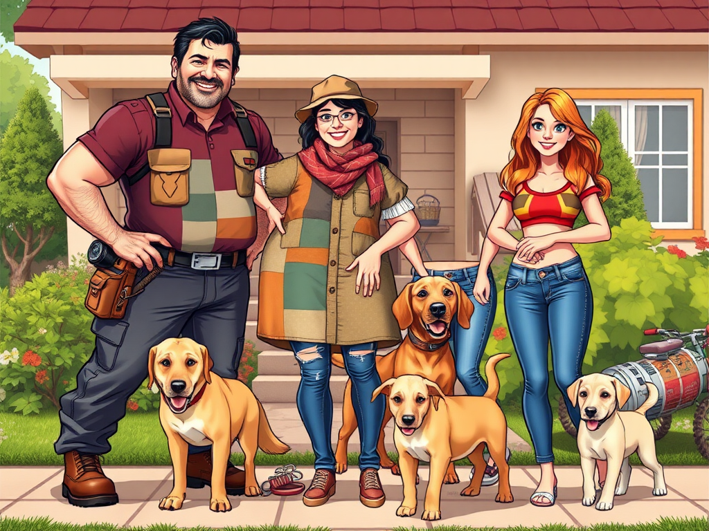 family image nuclear family in cartoon format: Dad- tallest slightly bigger build, age 50 small amount of dark receding hairline, builder and protector of the family; Mum: 50 years old, short and slightly bigger build, soft features, funky colorful clothing and a scarf with a stylish hat; Son who is tall, slim build age 20, 2nd tallest, casual clothing; + Daughter; 3rd tallest, age 18, blonde/brown hair, jeans and a tight t-shirt) and 3 dogs (1 male golden lab, 1 female golden lab, 1 light brown cockapoo)