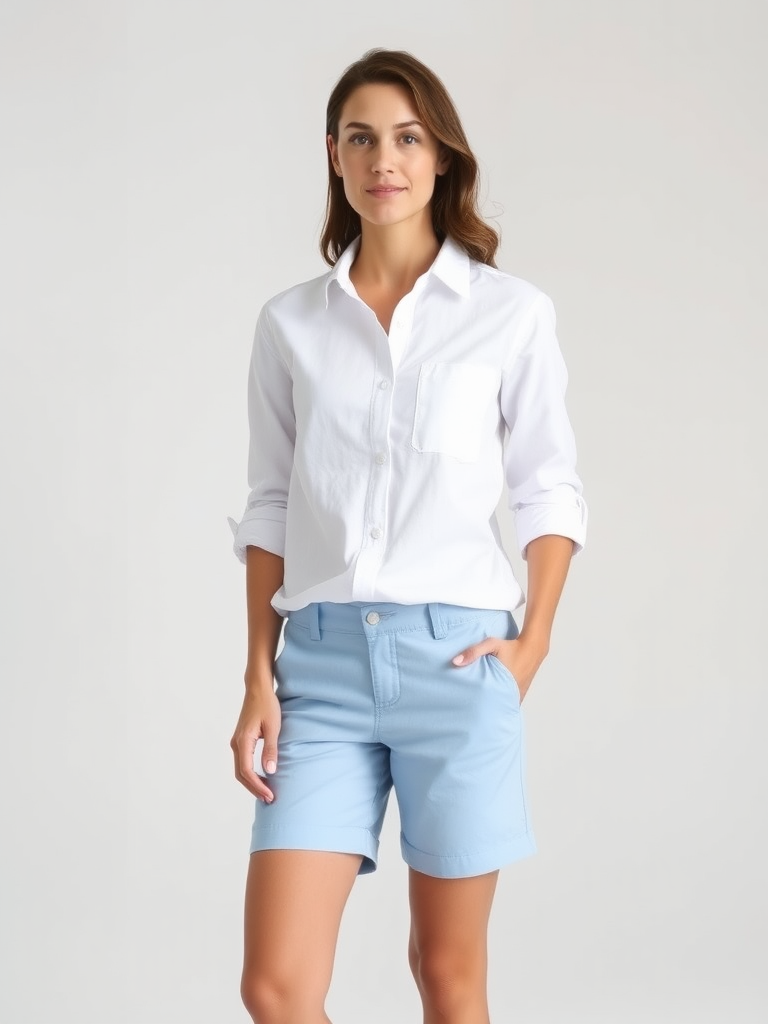 Woman in preppy chino shorts and button-down outfit