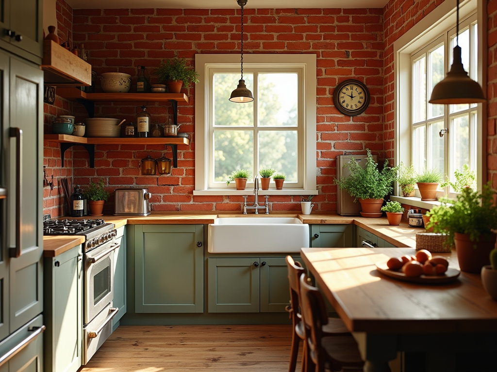 Charming Country Kitchen with a Cozy Red Brick Accent Wall