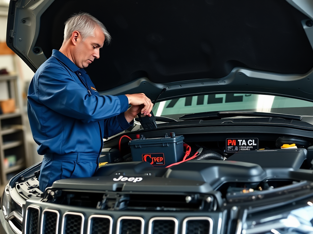 Create a realistic image of a white male mechanic in a blue uniform disconnecting the negative terminal of a car battery inside the engine bay of a Jeep Grand Cherokee, with tools scattered nearby and the vehicle's open hood visible, under bright garage lighting.