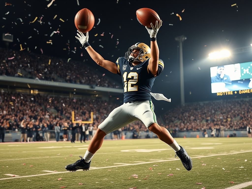 Create a realistic image of a determined young white male football player in a Notre Dame uniform, mid-action on a football field, leaping to catch a pass with outstretched arms, surrounded by falling confetti and cheering fans in the background, with dramatic stadium lighting illuminating the scene, conveying a sense of triumph and rising to the challenge.