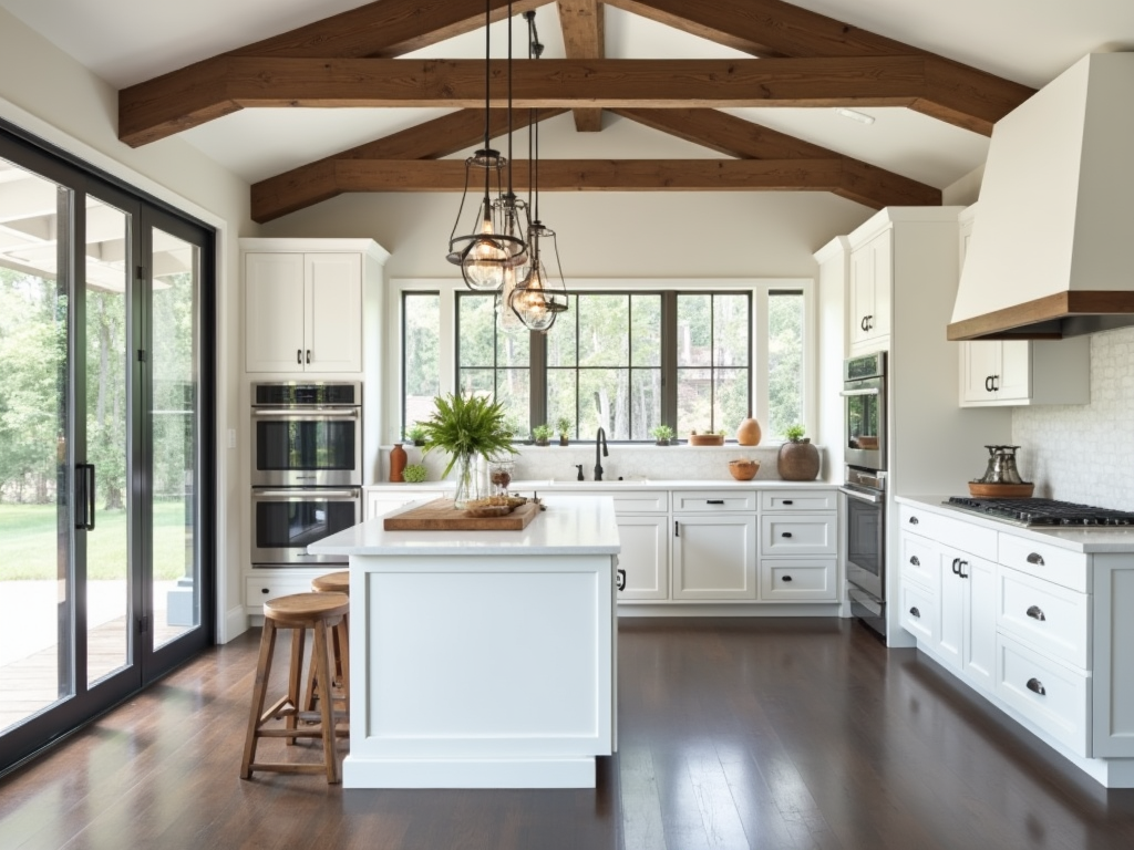 Charming Rustic Wood Beams in a Modern White Kitchen