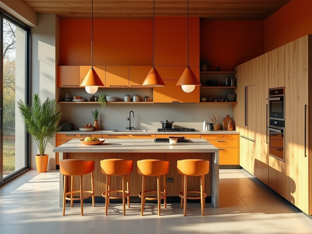 Chic Mid-Century Modern Kitchen with Rustic Orange Accents