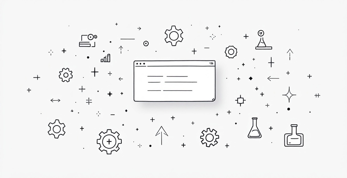 Minimalistic illustration of fast, efficient webpage for A/B testing with gears and test tubes.