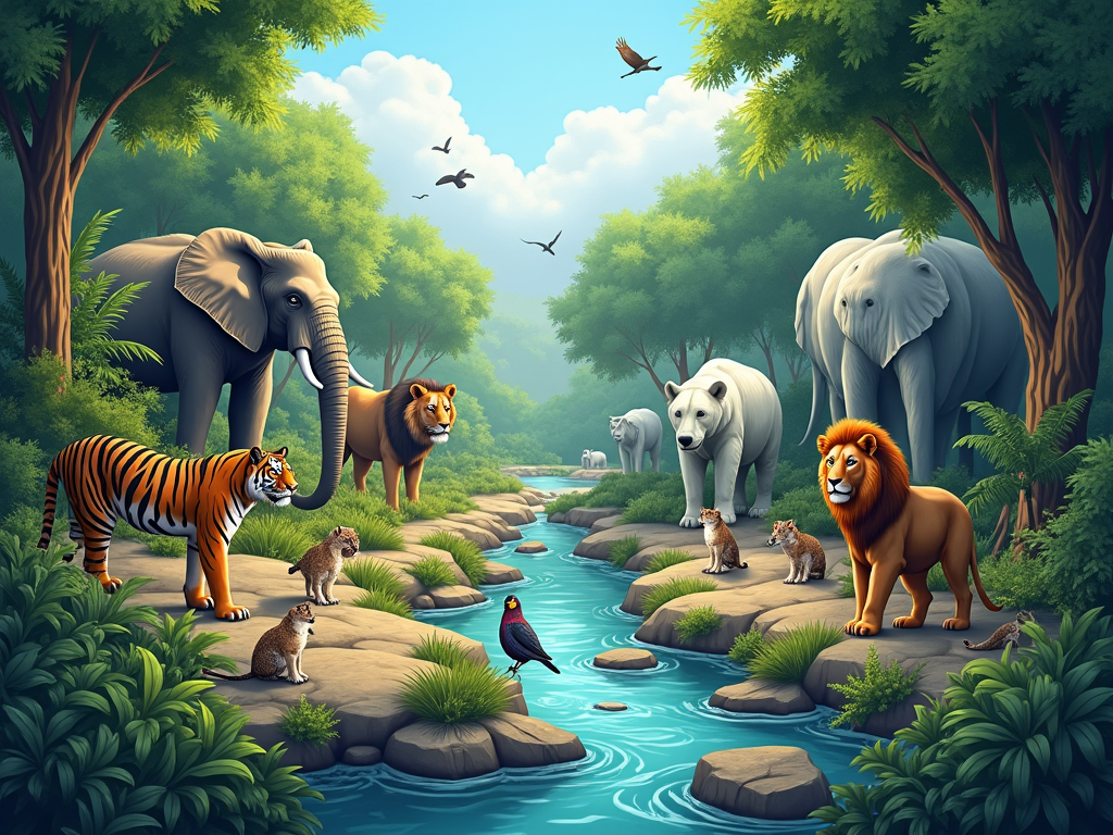 Imagine a visually striking and thought-provoking cover image for the paper titled 'Zoos vs. Wilderness: A Comparative Study on Animal Well-being and Conservation Efforts'. The image is divided into two contrasting halves. On the left, depict a lush, vibrant wilderness scene filled with a variety of wild animals like elephants, tigers, and birds in their natural habitat, showcasing the diversity and freedom of wildlife. This side should be bursting with colors—rich greens, deep blues, and earthy browns, symbolizing life and freedom. The environment should be detailed, with dense foliage, a clear flowing river, and a bright sky. On the right half, illustrate the stark, confined space of a zoo with animals like a polar bear and a lion in small, concrete enclosures that mimic their natural habitats only superficially. This side should have a muted color palette—grays, dull blues, and artificial green, conveying a sense of restriction and melancholy. The background shows the bars of cages subtly blending into the scene, with shadows casting over the animals, suggesting their limited movement and the psychological impact of captivity. The overall mood of the piece is poignant, aiming to evoke empathy and deep reflection on the state of animal welfare. The artistic style should be realistic with a touch of surrealism to enhance the emotional divide between the two worlds. The image should provoke a reconsideration of the ethics of animal captivity versus the freedom of the wild, urging the viewer to reflect on the profound differences in animal well-being and conservation efforts between these two environments.