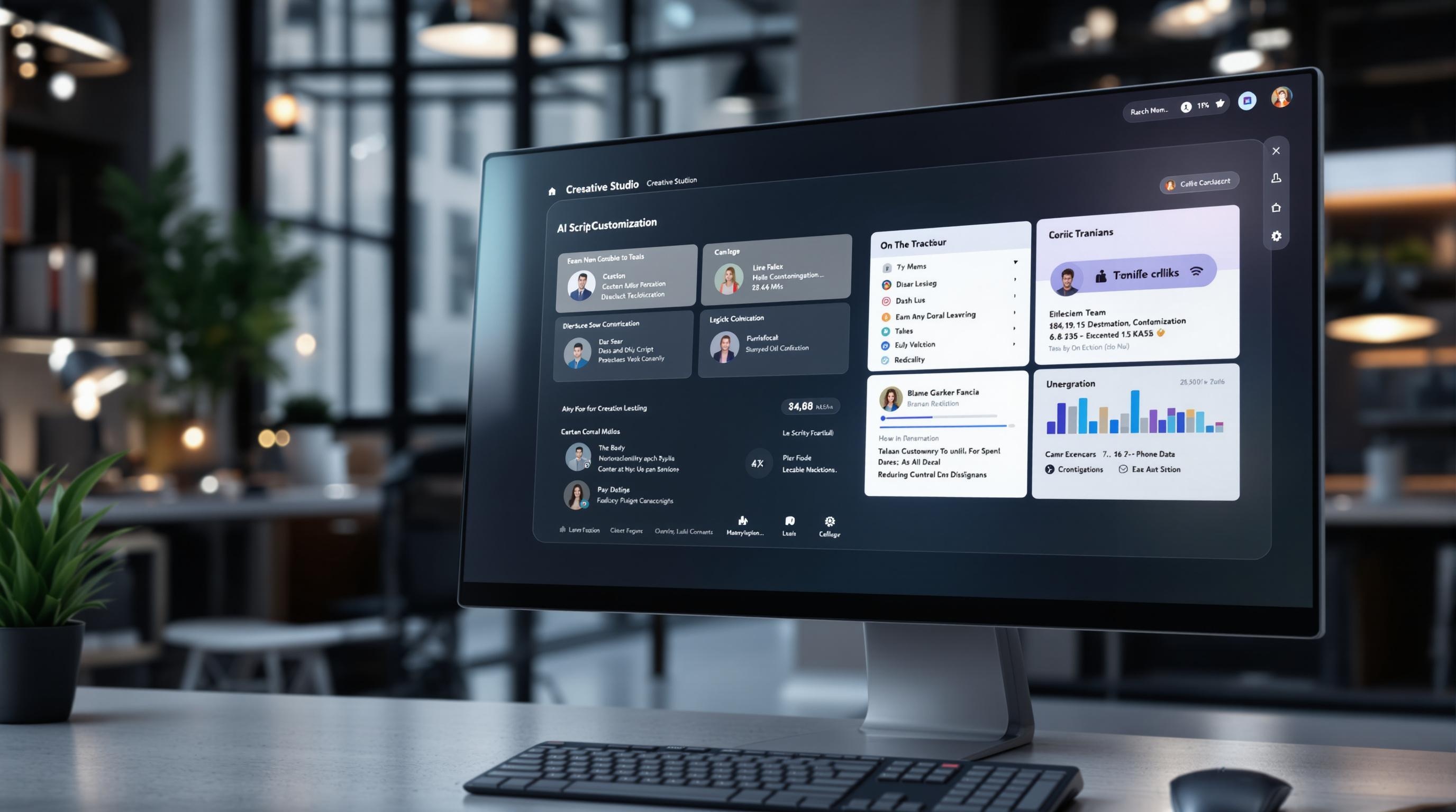 Modern, professional illustration of a digital dashboard displaying AI script customization options, team collaboration features, and workflow integration icons, set in a sleek creative studio environment, clean and technology-driven aesthetic, 16:9 aspect ratio