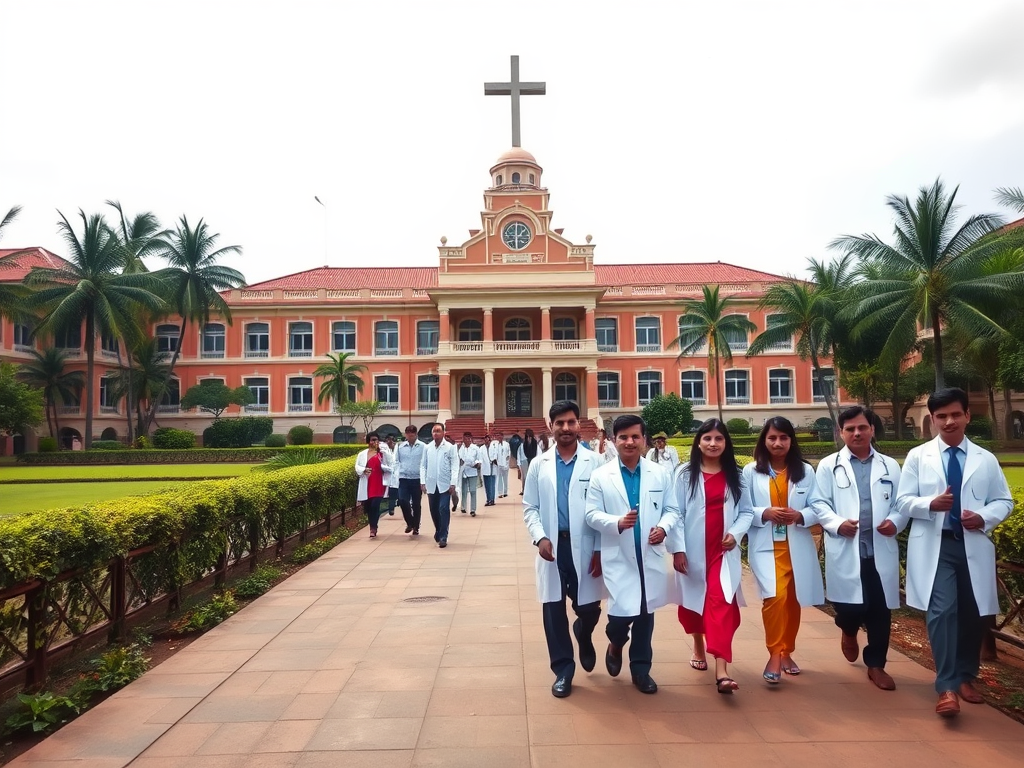 Create a realistic image of a historic colonial-style building with a large cross on top, representing the Christian Medical College in Vellore, India. The building should be surrounded by lush greenery and palm trees, with a group of diverse medical students and staff, including Indian males and females in white coats, walking on a pathway in front. In the foreground, place an old black and white photograph showing the college's founders, symbolizing its rich history and legacy.