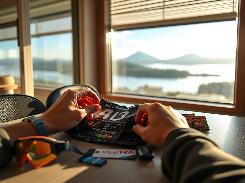 Create a realistic image of a triathlete's hands organizing race gear on a table, including a race bib, timing chip, goggles, and nutrition gels, with a scenic backdrop of Lake Villarrica and Villarrica Volcano visible through a window, early morning light filtering in, creating a focused and prepared atmosphere.