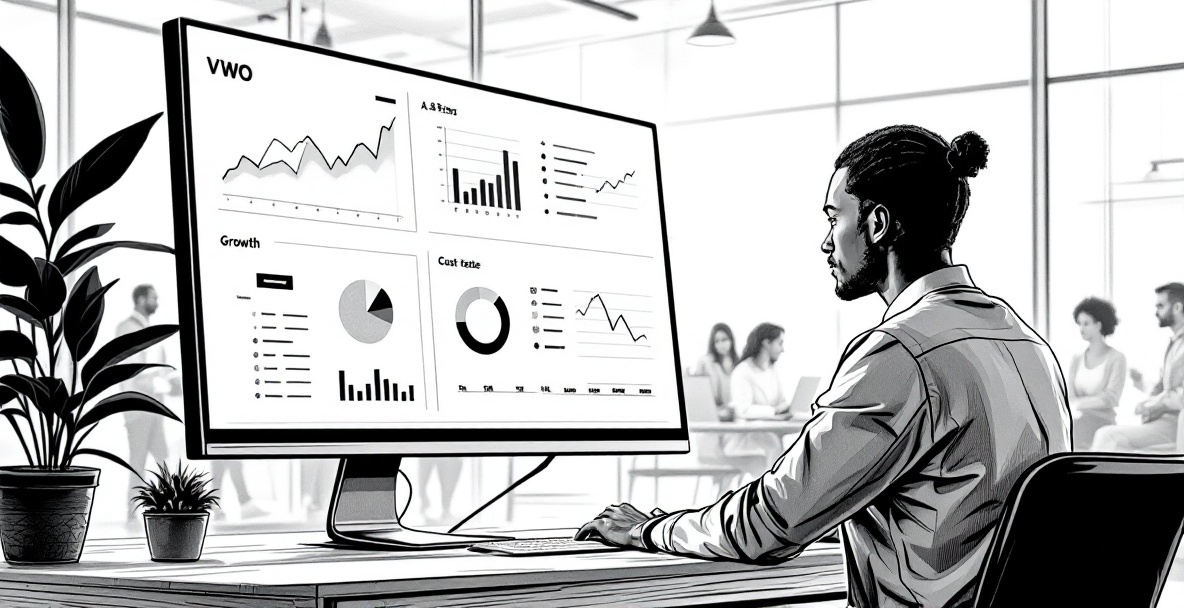 Growth marketer analyzing a digital dashboard with A/B testing charts in an open office.