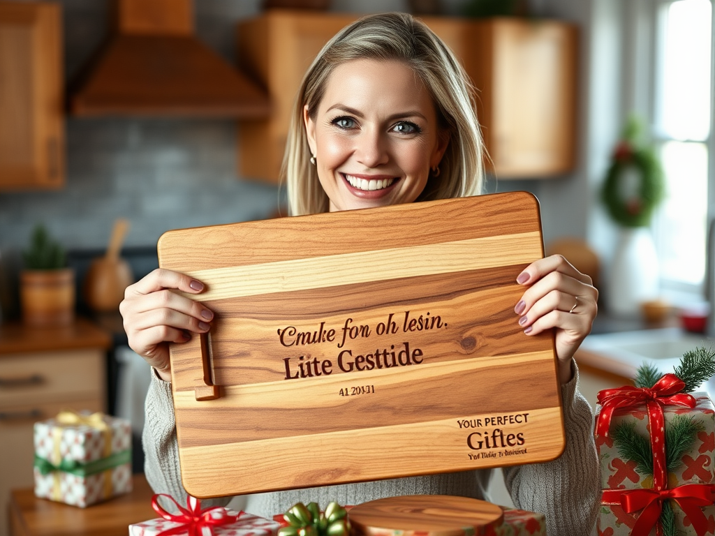 Create a realistic image of a smiling white female holding up a personalized wooden cutting board with intricate engravings, surrounded by festive gift wrapping paper, ribbons, and a warm, cozy kitchen background with soft lighting, emphasizing the board as the perfect gift.