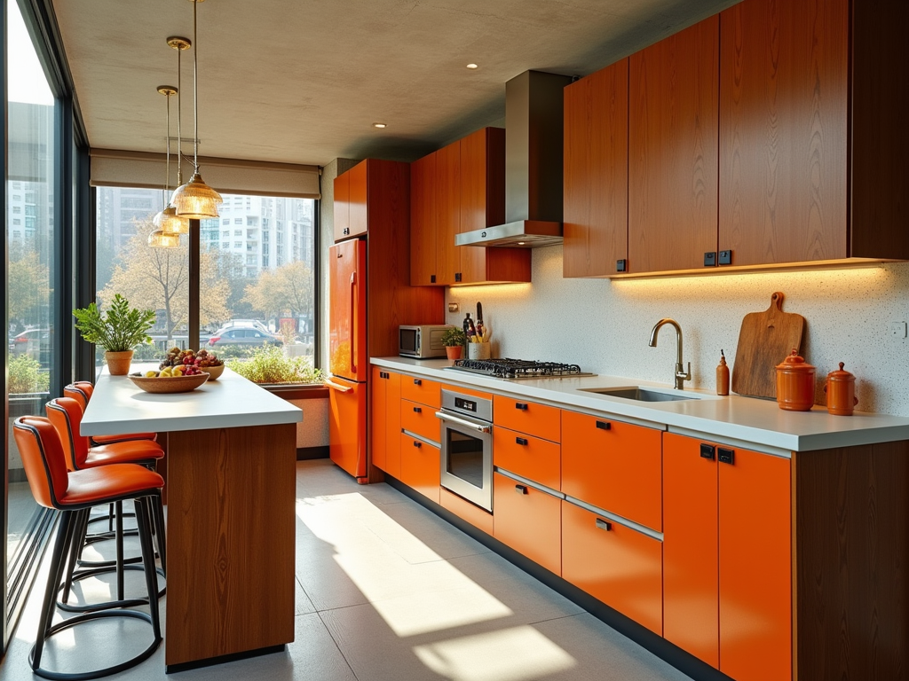 Chic Mid-Century Modern Kitchen with Vibrant Orange Accents