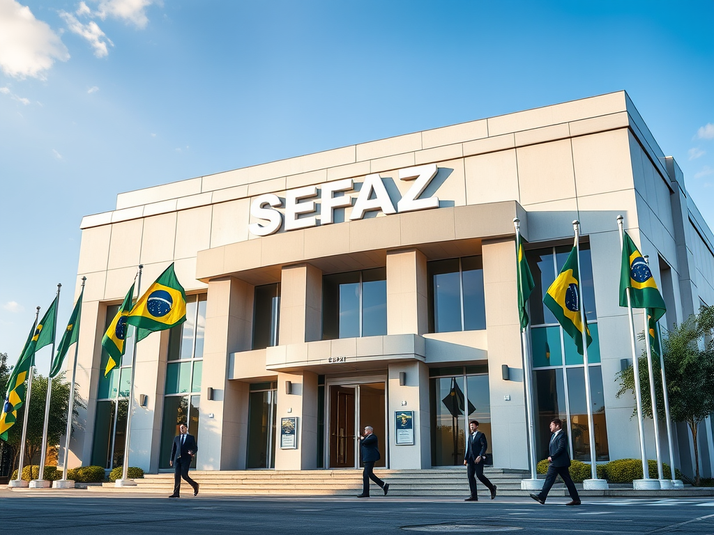 Create a realistic image of a modern government office building with "SEFAZ" prominently displayed on its facade, surrounded by Brazilian flags and official-looking signage, with well-dressed professionals entering and exiting the building, conveying a sense of bureaucracy and financial administration.