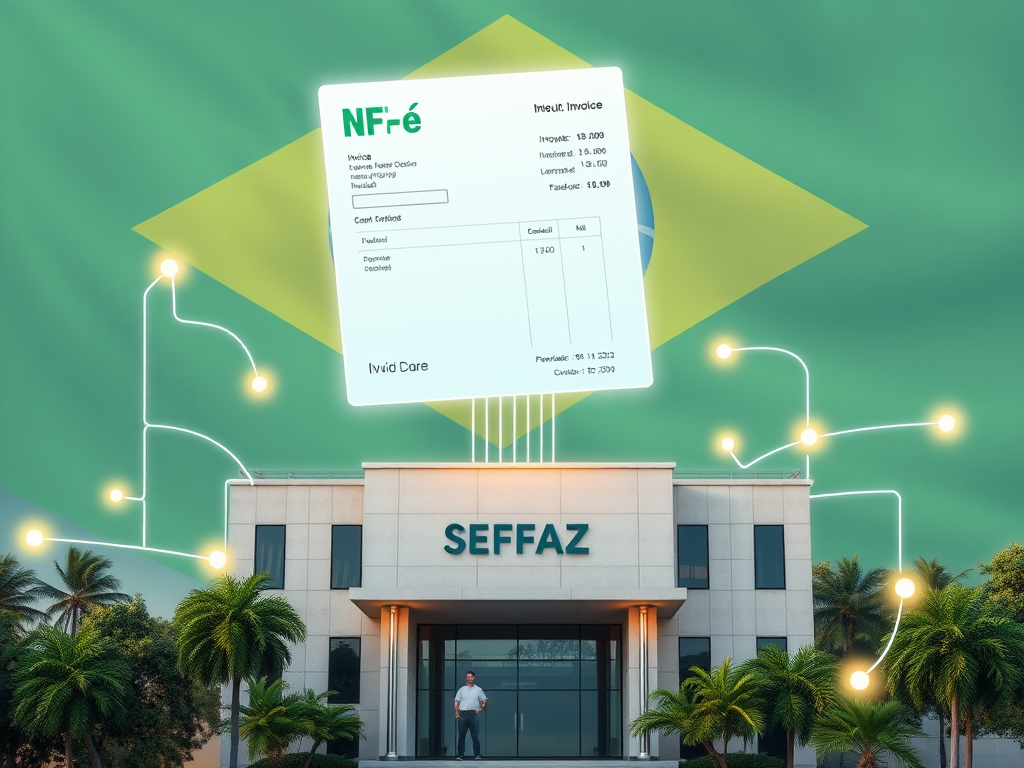 Create a realistic image of a stylized digital invoice with a prominent "NF-e" logo, floating above a modern government office building with "SEFAZ" written on it, connected by glowing digital lines symbolizing data transfer, with a Brazilian flag in the background to represent the official nature of the relationship.