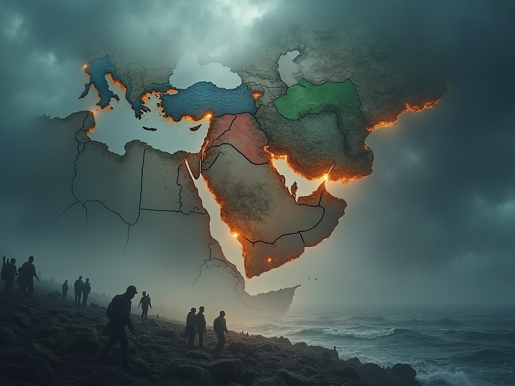 Envision a cover image that powerfully encapsulates the themes of geopolitical tension and economic repercussions in the Middle East. The central focus is a large, fragmented map of the Middle East, suspended in a dark, stormy sky. The map should be visually cracked, with glowing edges at each fracture, symbolizing the intense and fragile state of the region. Israel, Lebanon, and Iran are highlighted with subtle, distinct colors—Israel in blue, Lebanon in green, and Iran in red—each radiating a soft, ominous glow. Below the map, a chaotic scene of displaced people and military activity illustrates the human and economic toll of the conflict. This scene should be depicted in a realistic style, showing detailed expressions of fear and resilience among the faces. The background features a gloomy, overcast sky that merges into a turbulent sea, suggesting uncertainty and the murky depths of the conflict's global impact. The overall mood is somber and tense, with a color palette dominated by shades of grey, dark blue, and muted earth tones, punctuated by the glowing map fractures. The artistic style is a blend of digital realism and graphic illustration, creating a striking, memorable cover image that draws the viewer into the complexities of the situation.