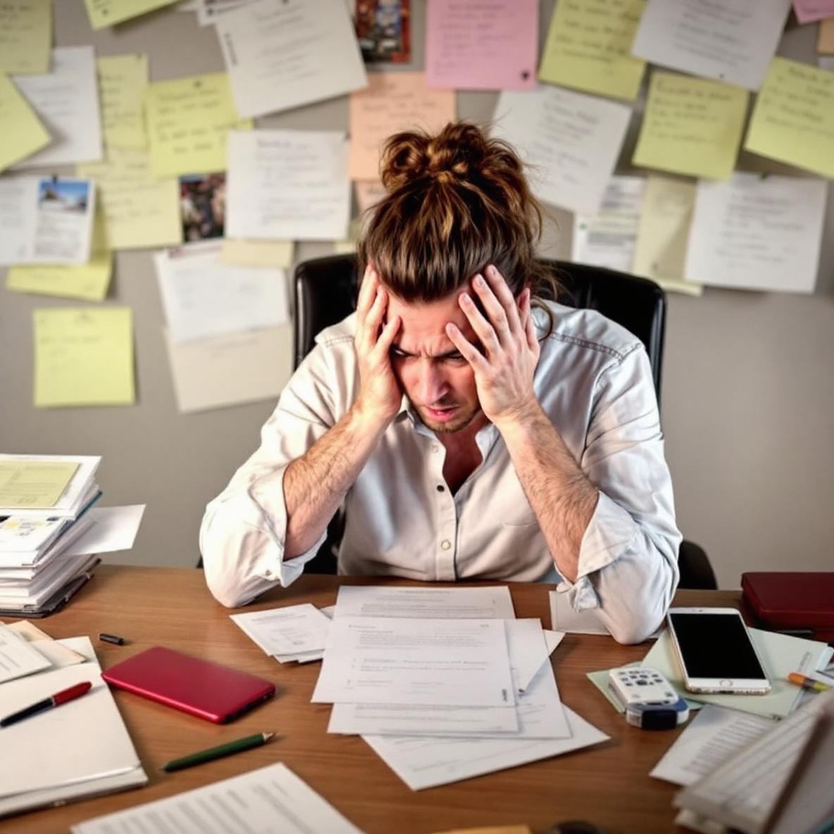 A frustrated individual at a cluttered desk, struggling to organize multiple notes on the Apple Notes app, with papers and digital devices indicative of a chaotic work environment.