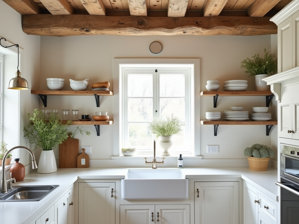 Charming Rustic Wood Beams in Modern White Kitchens