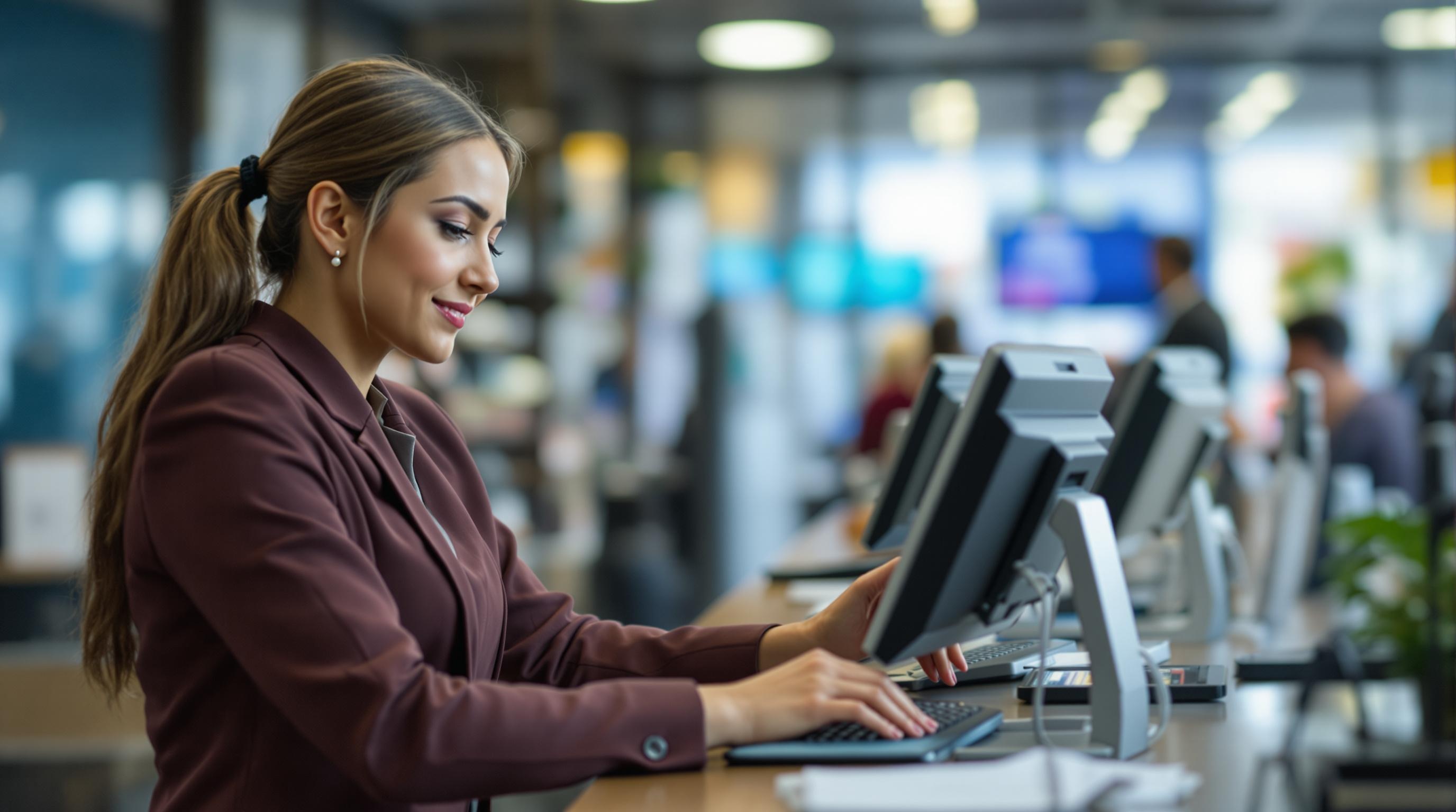 Professional Bank Teller Assisting Customers A bank teller wearing a suit helping customers with transactions at the counter.