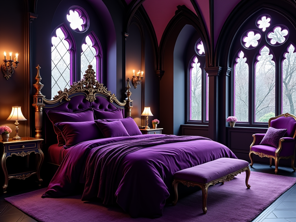 Elegant Gothic Bedroom Inspiration: Purple & Gold Designs