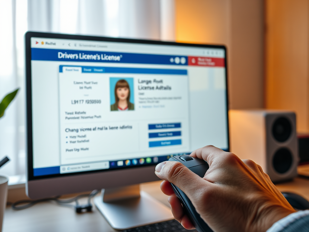 Create a realistic image of a computer screen displaying a driver's license customization interface, with a hand holding a mouse visible in the foreground. The screen shows various options for modifying a license photo, changing address details, and selecting additional features. The interface should have a clean, modern design with blue and white color scheme, typical of government websites. Soft, warm lighting illuminates the scene, creating a comfortable home office atmosphere.