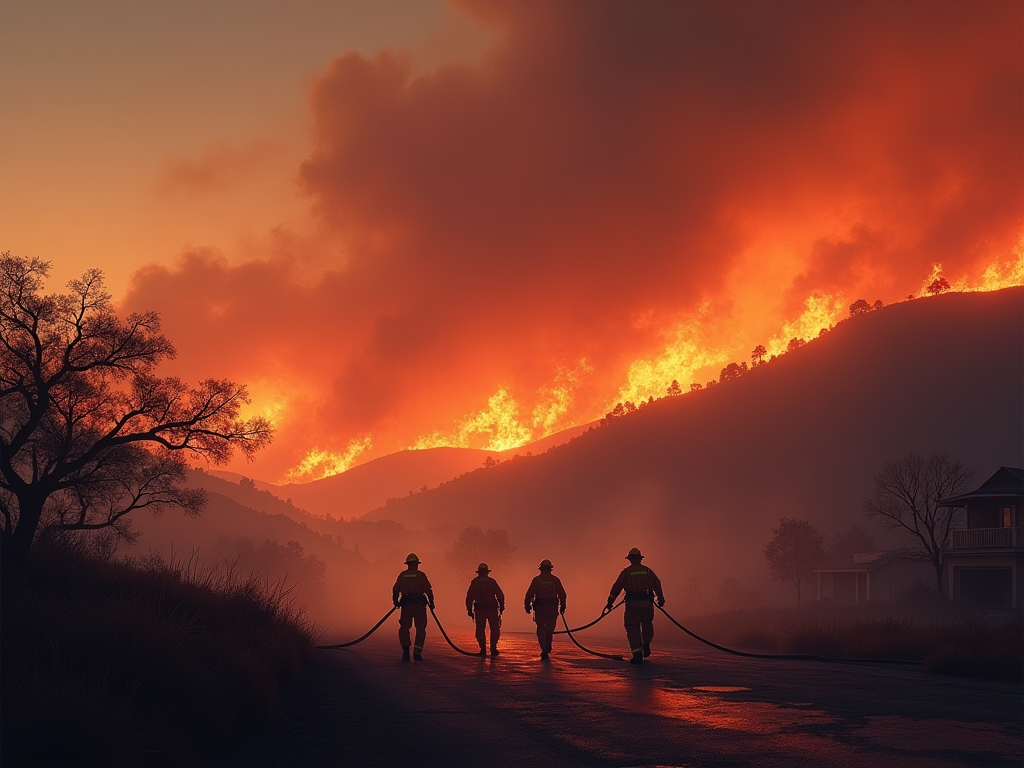 Visualize a dramatic and impactful scene capturing the severity of the Mountain Fire crisis in Ventura County, California. The image should feature a vast landscape showcasing the expansive fire engulfing the mountainous terrain under a twilight sky. In the foreground, depict several firefighters in action, wearing reflective gear and battling the relentless flames with hoses and fire retardants. The background should illustrate thick, billowing smoke rising against the backdrop of the blazing orange and red fire, with ash particles visibly suspended in the air. Include a few residential structures partially visible, emphasizing the threat to homes. The scene is set during a windy evening, as indicated by dynamic, swirling smoke patterns and bent vegetation, underlining the ferocity of the Santa Ana winds. The color palette should consist of deep oranges, fiery reds, somber grays, and dark blues, conveying a mood of urgency and somberness. Opt for a realistic digital painting style with a focus on high detail and texture, especially in the depiction of fire and smoke dynamics. The overall atmosphere should evoke a sense of urgency and the critical nature of the firefighting efforts, while also highlighting the human bravery and the scale of the natural disaster.