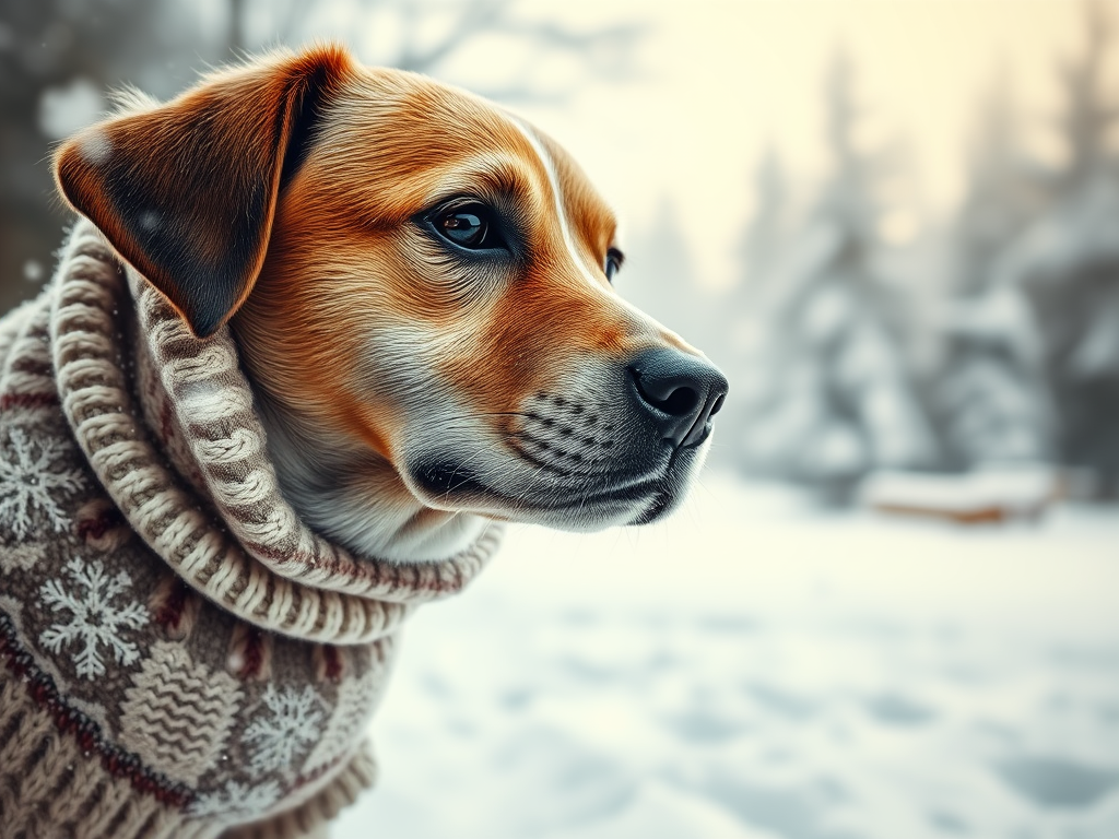 Create a realistic image of a close-up view of a dog wearing a warm winter sweater and booties, with snowflakes gently falling around it. In the background, a blurred winter landscape with snow-covered trees is visible. The dog's breath is visible in the cold air, and its fur is slightly frosted, emphasizing the winter theme.