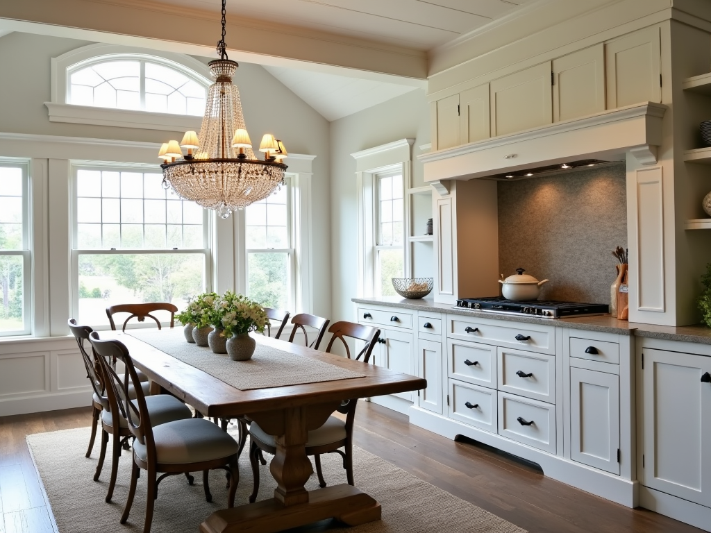 Stunning Elegance: Farmhouse Kitchen with Crystal Chandelier