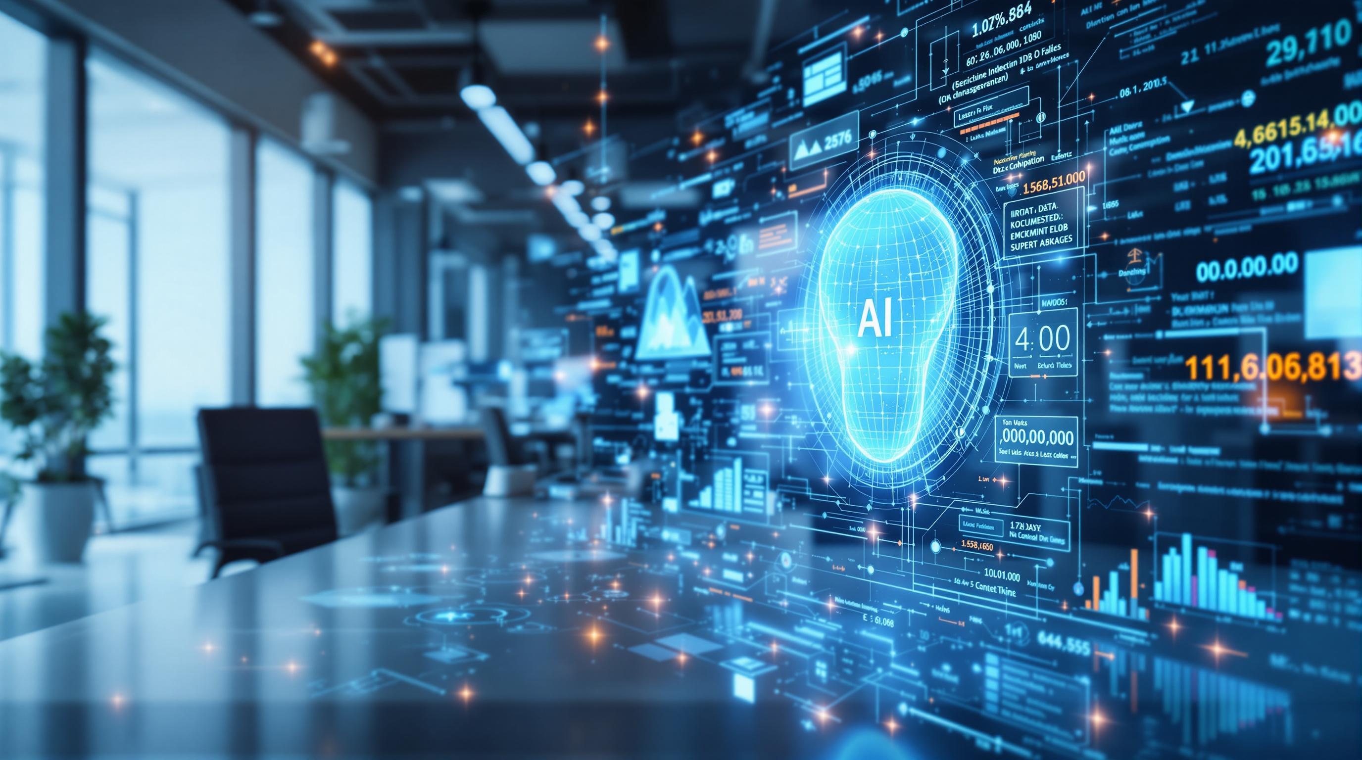 Modern office environment with AI-driven document analysis visuals, digital documents being classified and data extracted by intelligent algorithms, abstract representation of machine learning and natural language processing, clean and professional style, 16:9 aspect ratio