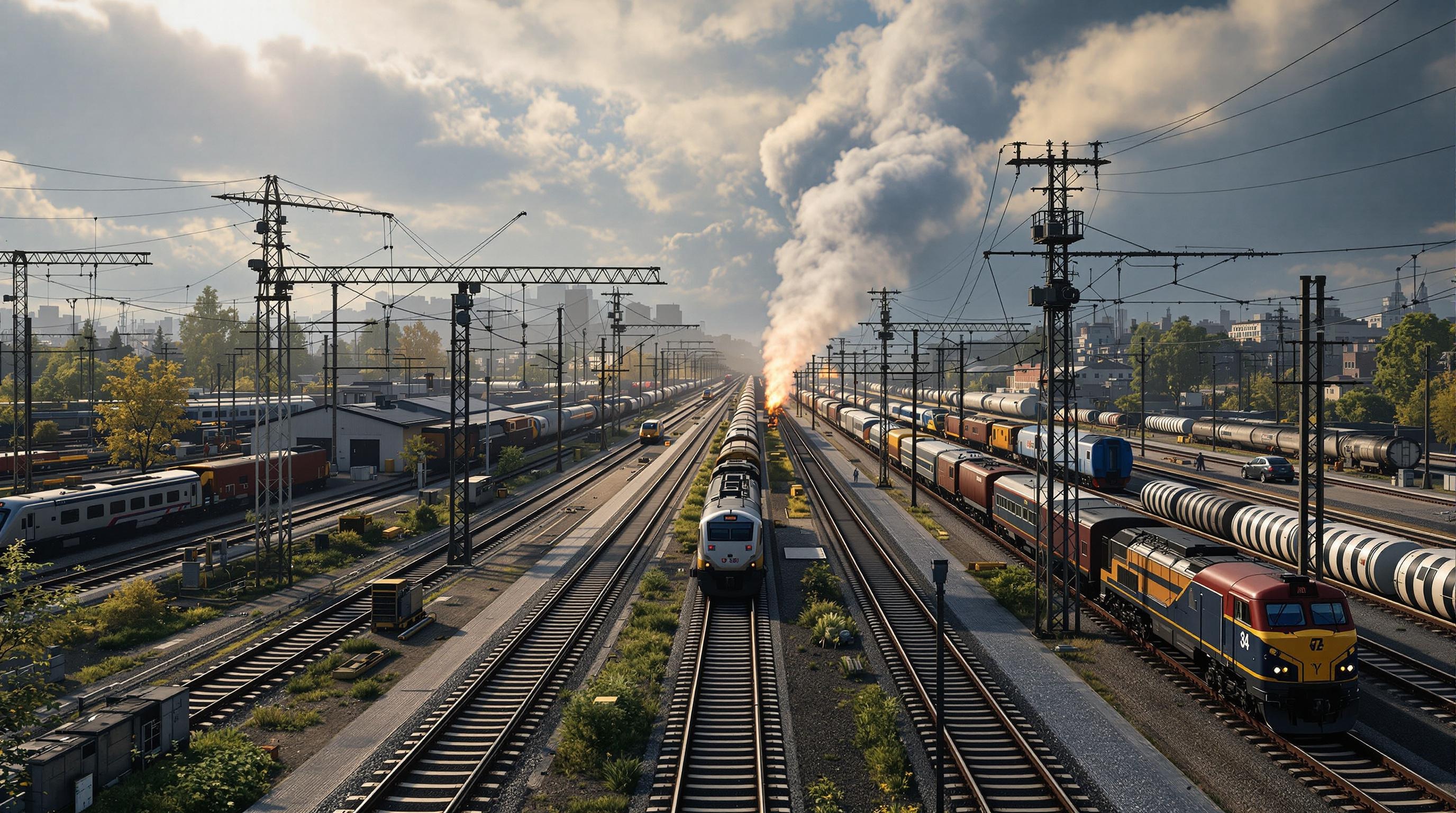 Train Yard at Dusk A train yard at dusk, with trains lined up on the tracks and industrial buildings in the background.