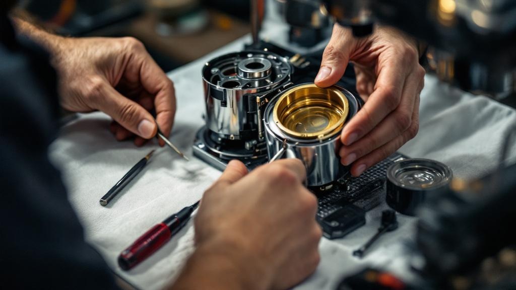 Technician performing preventative maintenance on commercial espresso machine