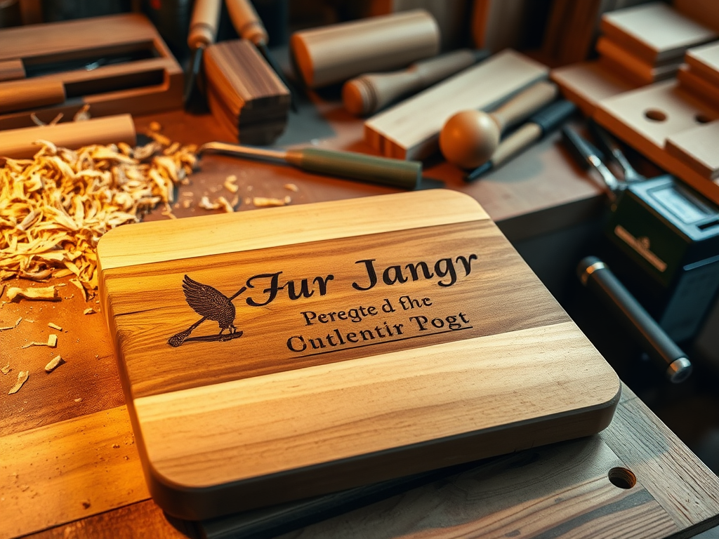 Create a realistic image of a close-up view of a partially completed personalized cutting board on a woodworker's workbench, showing intricate laser engraving in progress, surrounded by wood shavings, carving tools, and a variety of high-quality hardwoods, with warm, golden lighting emphasizing the rich grain and craftsmanship.