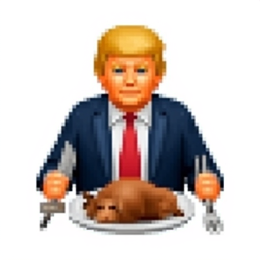 Donald Trump with a knife and fork in his hands in front of a plate with a dead dog on it