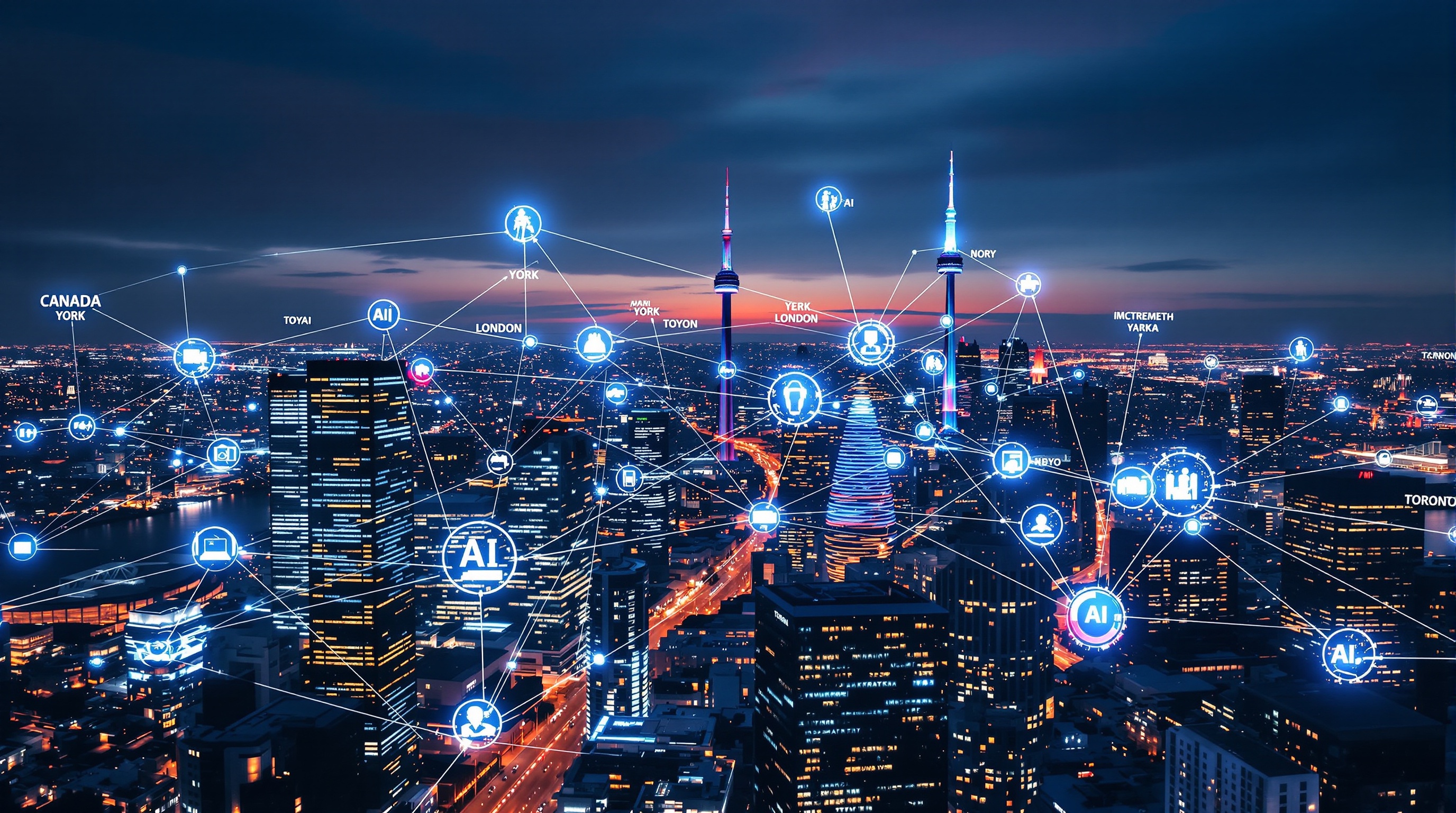 A wide-angle scene showing downtown Toronto skyscrapers lit at dusk, with futuristic augmented reality overlays displaying glowing AI connections branching toward major world cities like New York, London, and Tokyo in the background skyline. The scene symbolizes Canada’s AI competitiveness on a global stage. Mood is forward-looking, optimistic, with vibrant digital light lines forming a web across continents. Blend of photorealistic cityscape with digital art overlays, cinematic style, 16:9 aspect ratio.