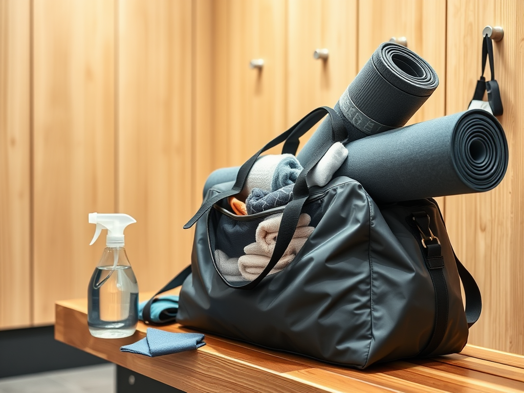 Create a realistic image of a clean, well-organized gym bag with a yoga mat attached, placed on a wooden bench in a locker room. The bag is open, revealing neatly folded towels, a water bottle, and exercise clothes inside. A spray bottle of cleaning solution and a microfiber cloth are visible next to the bag, suggesting maintenance. The lighting is bright and clean, emphasizing the importance of care and cleanliness.