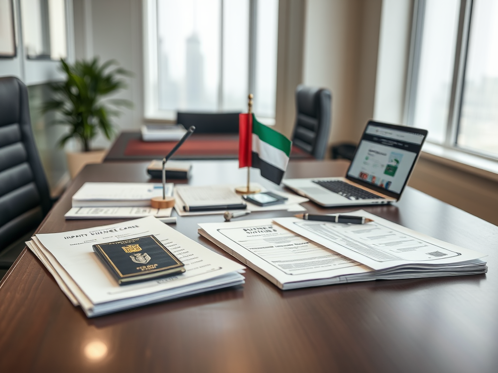 Create a realistic image of a desk in a modern office with neatly arranged documents including passport copies, visa forms, and business license applications, with a UAE flag standing on the desk, and a laptop showing a website about free zone business regulations in the background.