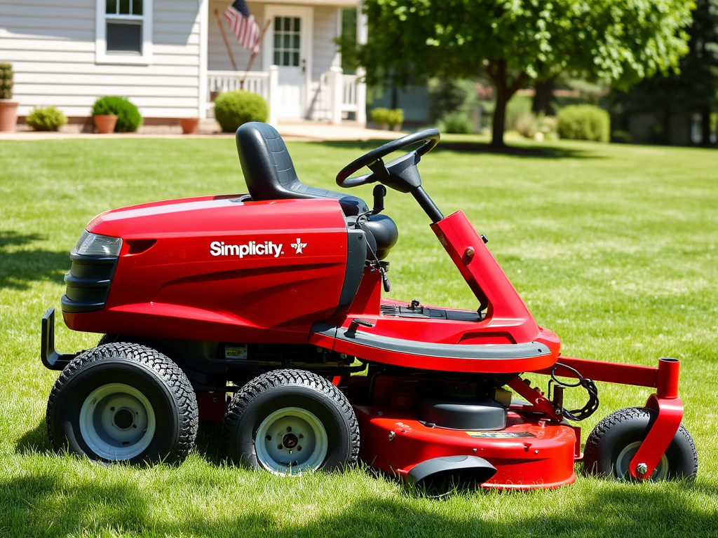 Create a realistic image of a red Simplicity riding lawn mower on a well-manicured lawn, with its key features visible including the comfortable seat, steering wheel, and cutting deck. The background shows a partial view of a suburban house and some trees. The lighting suggests a sunny day, emphasizing the mower's shiny surface and the vibrant green of the grass.