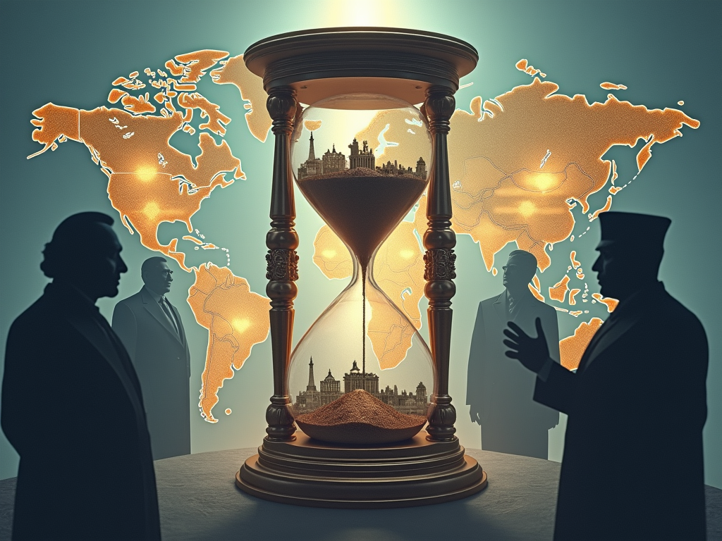 Visualize a dynamic and powerful image that encapsulates the essence of historical influence on contemporary political landscapes. The central focus is a large, ornate hourglass, symbolizing the passage of time, with sands made of tiny, shimmering scenes of historical and modern political events. These scenes include revolutions, political speeches, and international summits. The top half of the hourglass shows scenes from the 18th and 19th centuries, while the bottom half reveals modern-day political scenarios. Surrounding the hourglass are ghostly silhouettes of notable political thinkers and leaders from various eras, suggesting their ongoing influence on today's politics. The background features a faded map of the world, highlighting current political borders, with soft beams of light emanating from points representing today's superpowers. The color palette is a mix of deep blues and grays for a feeling of depth and seriousness, punctuated by gold and silver accents that highlight the hourglass and silhouettes. The artistic style blends realism for the hourglass and map with impressionistic touches for the silhouettes, creating a sense of time blending into itself. The lighting is dramatic, focusing on the hourglass with softer ambient light to enhance the mystical and profound mood of the image.