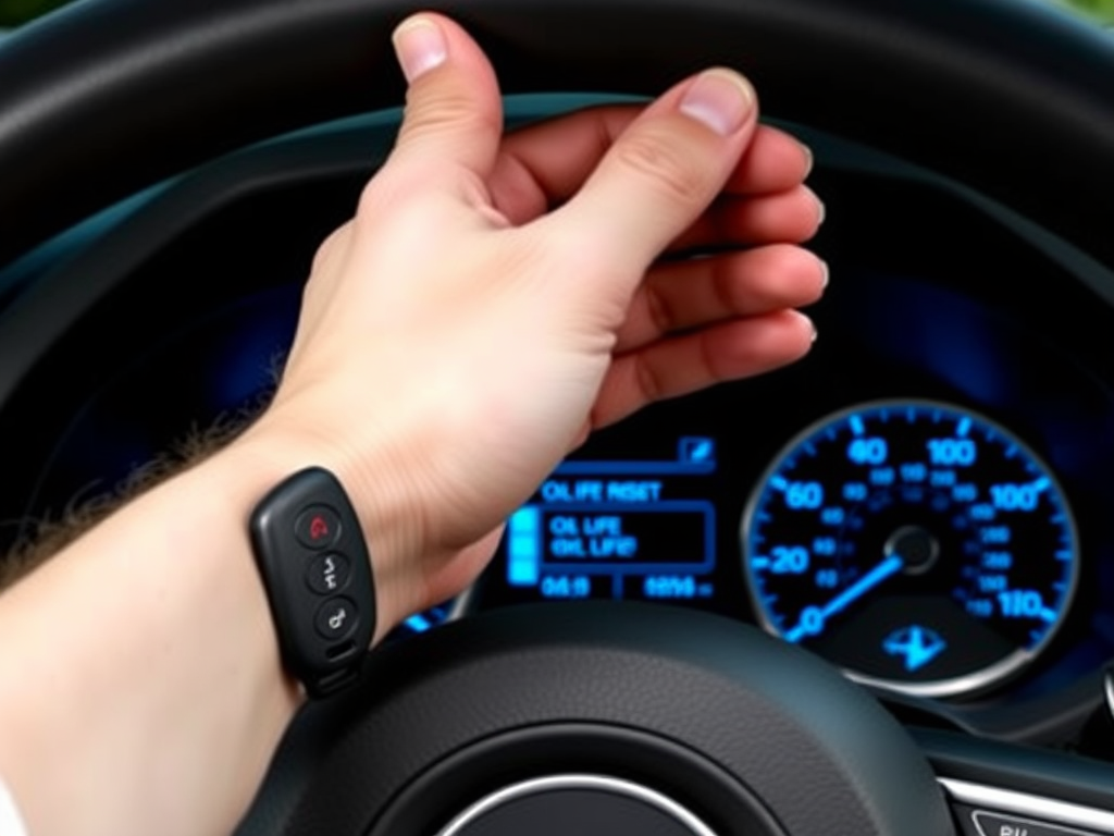 Create a realistic image of a white male hand holding a Jeep Cherokee key fob, hovering over the instrument cluster of a Jeep Cherokee dashboard. The instrument cluster display shows an "Oil Life Reset" menu option highlighted. The interior of the car is dimly lit, with soft blue illumination from the dashboard gauges.