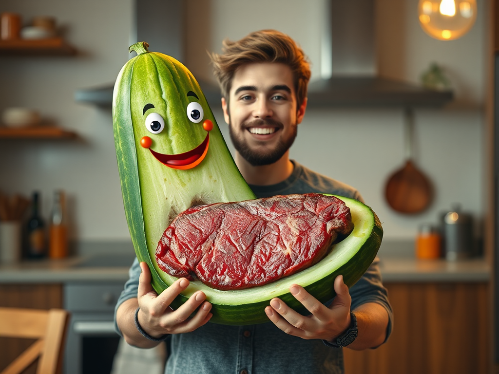 a smiling cucumber is cut open at the short side but instead of finding vegetable content it looks like a steak in the inside. A young beardy man with short hair smiling and holds this piece and will give it to another one as gift.
