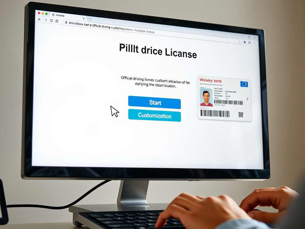 Create a realistic image of a computer screen displaying an official driving license customization portal, with a cursor hovering over a "Start Customization" button, a sample driving license visible in the corner of the screen, and a reflection of a person's hands on the keyboard in the monitor's glare.