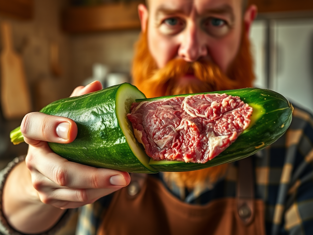 a cucumber is cut open but instead of finding vegetable content it looks like meat in the inside. A beardy man with slightly red hair holds this piece and will give it to another one.