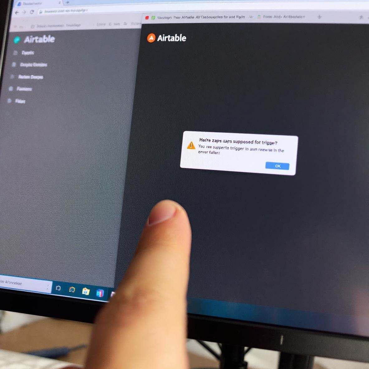 A frustrated user looking at their computer screen, which shows an error notification for an Airtable Zap, illustrating problems with automation.