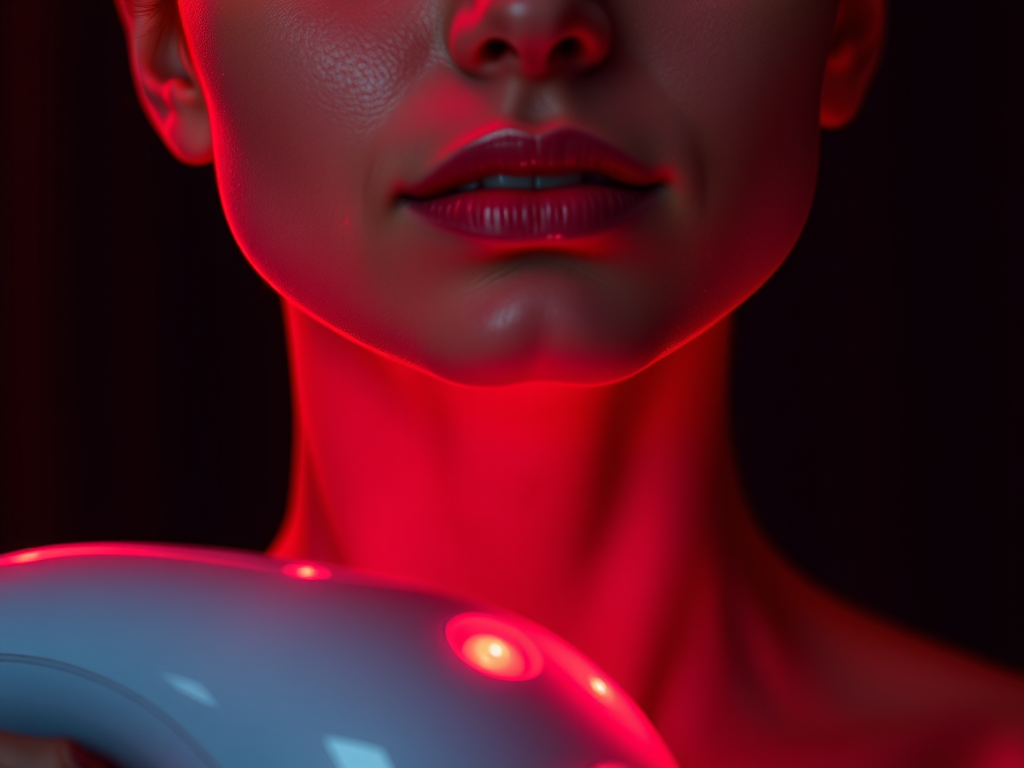Create a realistic image of a close-up view of a woman's face and neck, with red light illuminating her skin, showcasing the effects of red light therapy. A sleek, white facial massager with red LED lights is visible in the foreground. The background is dark to emphasize the red glow on the skin, creating a scientific and therapeutic atmosphere.